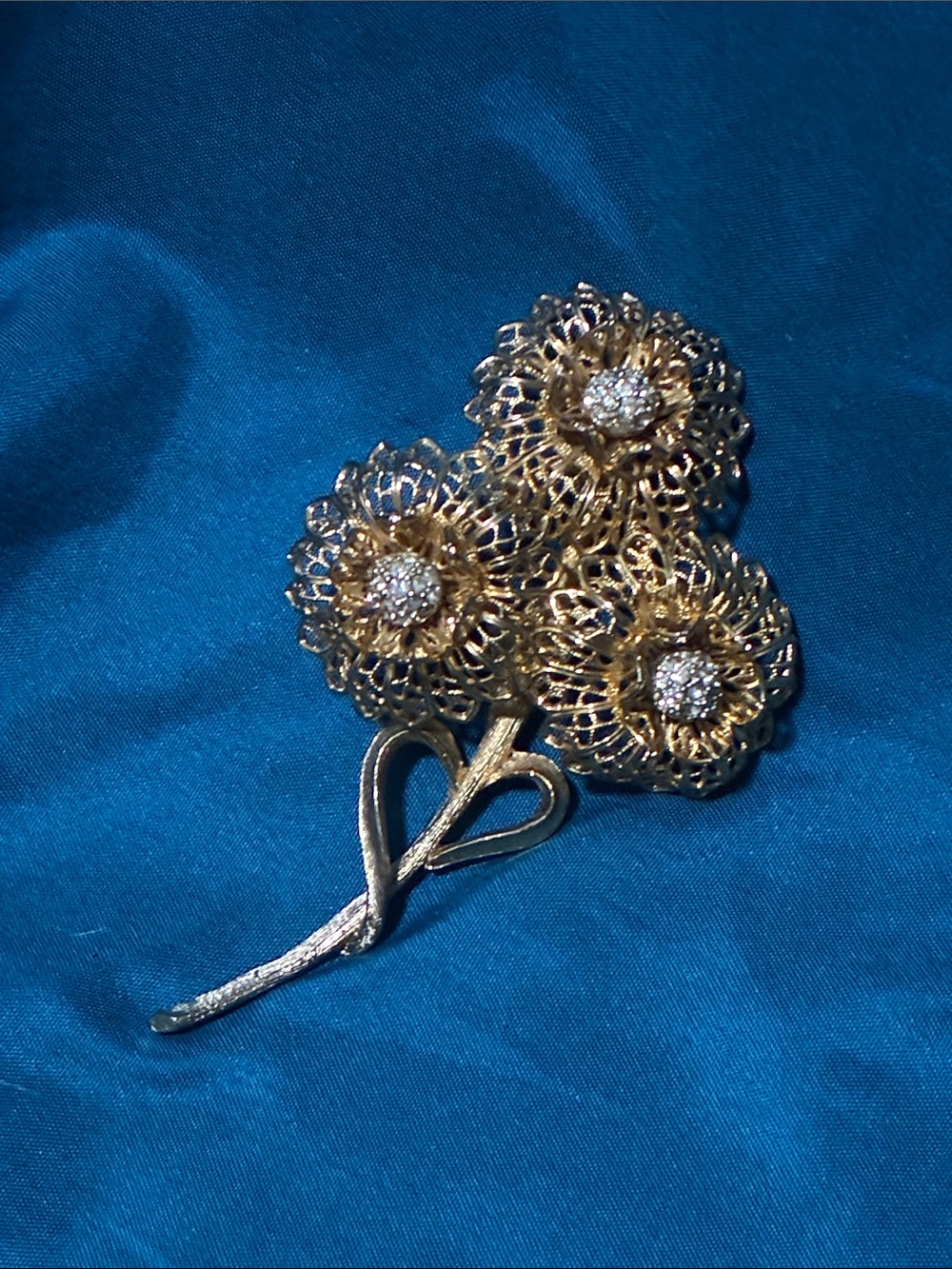 Vintage Gold Floral Cluster Brooch with Clear Crystal Centers